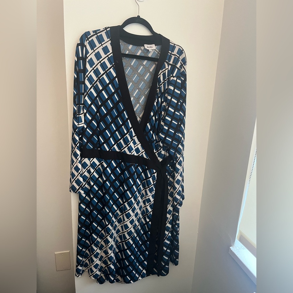 Leota Blue, Black, White Geometric Wrap Dress 3X